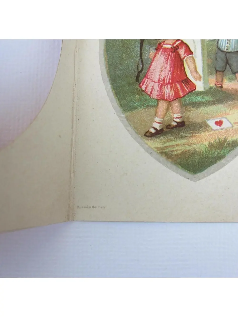 Vintage Valentine Boy Girl Pink Dress Walking By Red Heart Die Cut Window Bifold